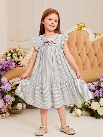 Toddler Girls Striped Print Floral Embroidery Ruffle Hem Smock Dress Toddler Girls Striped Print Floral Embroidery Ruffle Hem Smock Dress