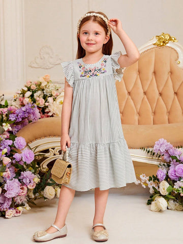 Toddler Girls Striped Print Floral Embroidery Ruffle Hem Smock Dress Toddler Girls Striped Print Floral Embroidery Ruffle Hem Smock Dress