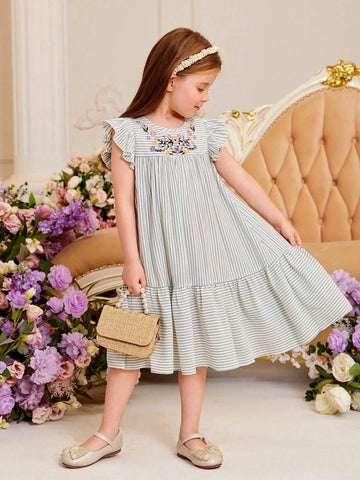 Toddler Girls Striped Print Floral Embroidery Ruffle Hem Smock Dress Toddler Girls Striped Print Floral Embroidery Ruffle Hem Smock Dress