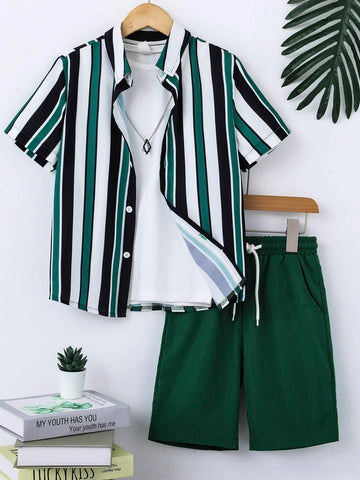 Tween Boy Striped Shirt & Drawstring Waist Shorts Without Tee Tween Boy Striped Shirt & Drawstring Waist Shorts Without Tee