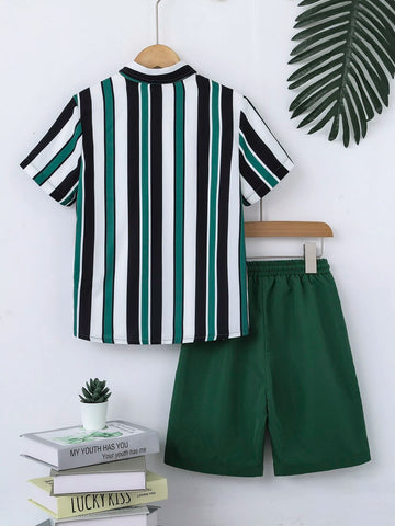 Tween Boy Striped Shirt & Drawstring Waist Shorts Without Tee Tween Boy Striped Shirt & Drawstring Waist Shorts Without Tee