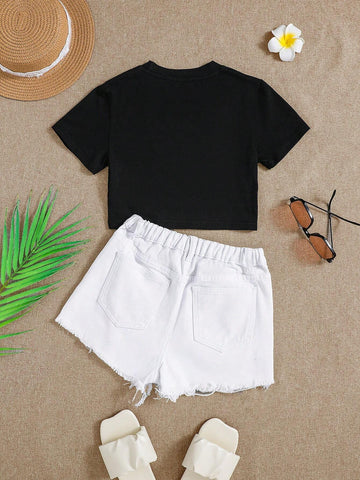 Tween Girls' Spring Summer Boho 2 Pieces Solid Short Sleeve T Shirt & White Distressed Ripped Raw Hem Denim Jeans Shorts Set,Summer Girls Clothes Outfits Tween Girls' Spring Summer Boho 2 Pieces Solid Short Sleeve T Shirt & White Distressed Ripped Raw Hem Denim Jeans Shorts Set,Summer Girls Clothes Outfits