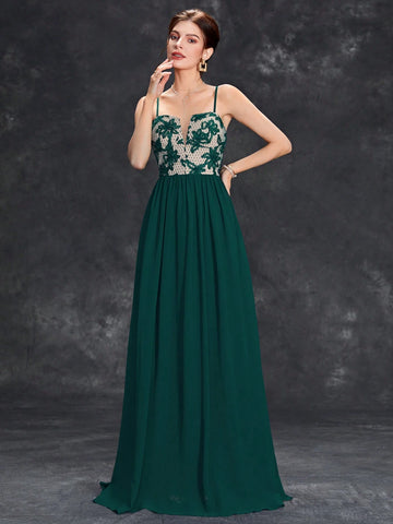 Floral Embroidery Mesh Insert Chiffon Bridesmaid Dress Floral Embroidery Mesh Insert Chiffon Bridesmaid Dress