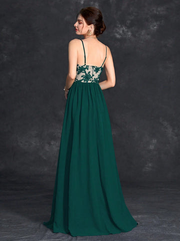 Floral Embroidery Mesh Insert Chiffon Bridesmaid Dress Floral Embroidery Mesh Insert Chiffon Bridesmaid Dress