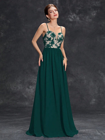 Floral Embroidery Mesh Insert Chiffon Bridesmaid Dress Floral Embroidery Mesh Insert Chiffon Bridesmaid Dress