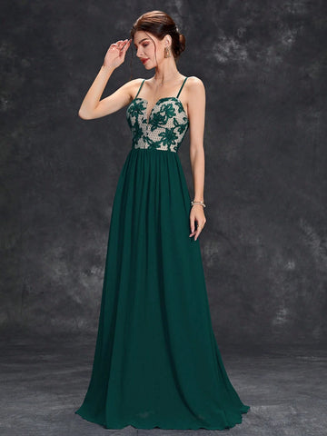 Floral Embroidery Mesh Insert Chiffon Bridesmaid Dress Floral Embroidery Mesh Insert Chiffon Bridesmaid Dress