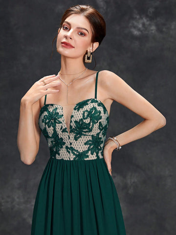 Floral Embroidery Mesh Insert Chiffon Bridesmaid Dress Floral Embroidery Mesh Insert Chiffon Bridesmaid Dress