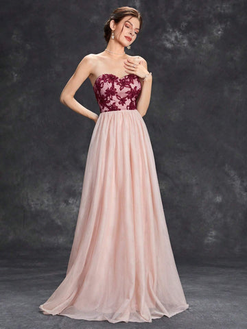 Floral Embroidery Mesh Tube Bridesmaid Dress Floral Embroidery Mesh Tube Bridesmaid Dress