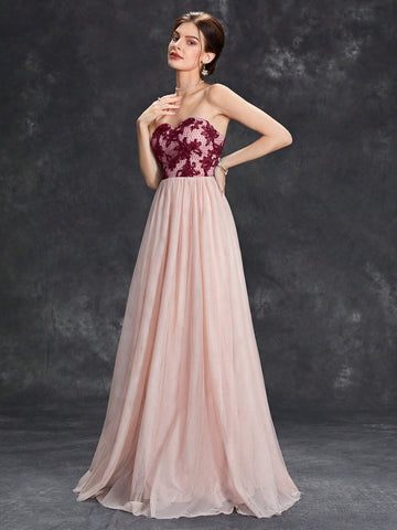 Floral Embroidery Mesh Tube Bridesmaid Dress Floral Embroidery Mesh Tube Bridesmaid Dress