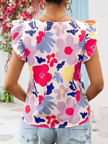 VCAY 1pc Women Vacation Chiffon Print Covered Sleeve Round Neck Blouse VCAY 1pc Women Vacation Chiffon Print Covered Sleeve Round Neck Blouse