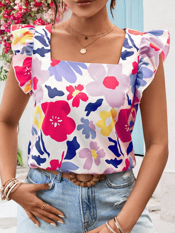 VCAY 1pc Women Vacation Chiffon Print Covered Sleeve Round Neck Blouse VCAY 1pc Women Vacation Chiffon Print Covered Sleeve Round Neck Blouse