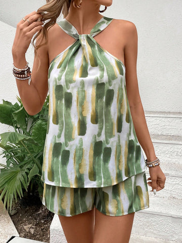 2pcs/Set Brush Printed Halter Top And Shorts Set 2pcs/Set Brush Printed Halter Top And Shorts Set