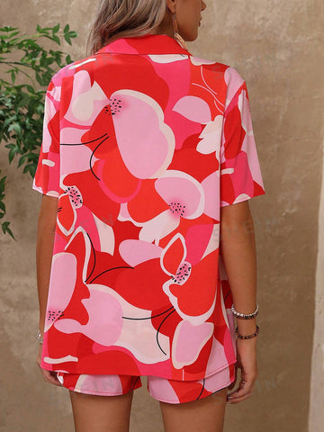 Floral Button-Front Short Sleeve Shirt And Shorts Set Floral Button-Front Short Sleeve Shirt And Shorts Set