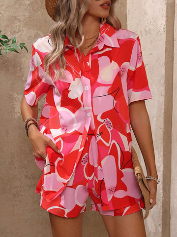 Floral Button-Front Short Sleeve Shirt And Shorts Set Floral Button-Front Short Sleeve Shirt And Shorts Set