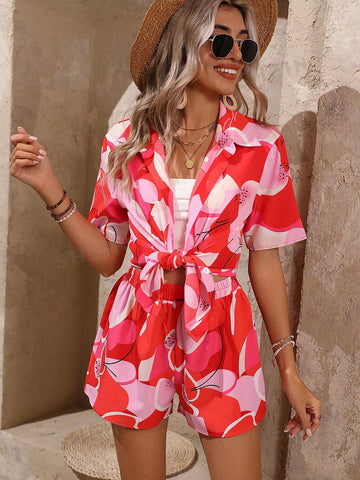 Floral Button-Front Short Sleeve Shirt And Shorts Set Floral Button-Front Short Sleeve Shirt And Shorts Set