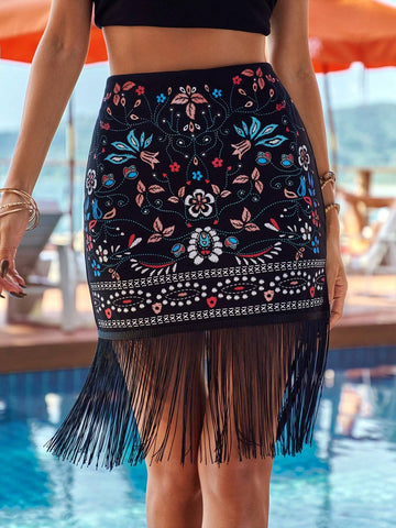 VCAY High Waist Tassel Hem Vacation Skirt VCAY High Waist Tassel Hem Vacation Skirt