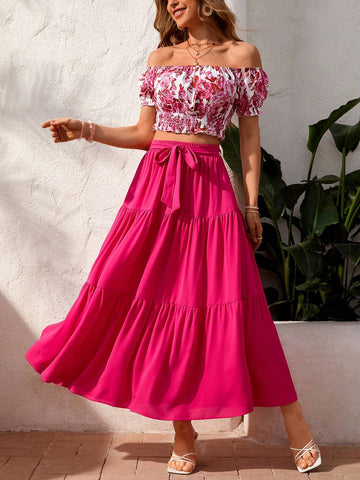 Holiday Flower Print Off Shoulder Top And Solid Color Skirt Set Holiday Flower Print Off Shoulder Top And Solid Color Skirt Set