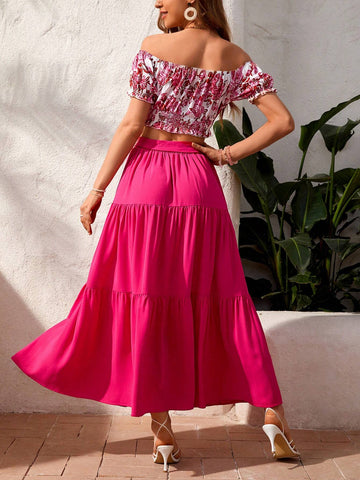 Holiday Flower Print Off Shoulder Top And Solid Color Skirt Set Holiday Flower Print Off Shoulder Top And Solid Color Skirt Set
