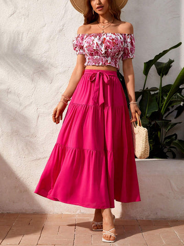 Holiday Flower Print Off Shoulder Top And Solid Color Skirt Set Holiday Flower Print Off Shoulder Top And Solid Color Skirt Set