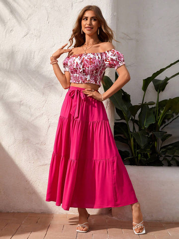 Holiday Flower Print Off Shoulder Top And Solid Color Skirt Set Holiday Flower Print Off Shoulder Top And Solid Color Skirt Set