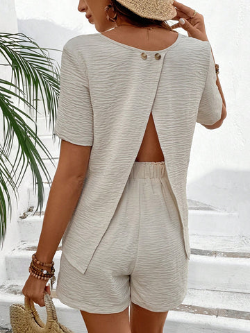 Ladies' Backless Short Sleeve Shirt And Shorts Set Ladies' Backless Short Sleeve Shirt And Shorts Set