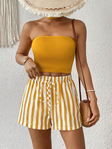 Ladies' Plain Halter Top And Striped Shorts Set Ladies' Plain Halter Top And Striped Shorts Set