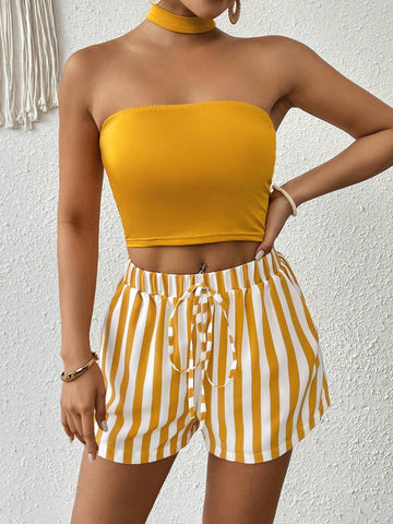 Ladies' Plain Halter Top And Striped Shorts Set Ladies' Plain Halter Top And Striped Shorts Set