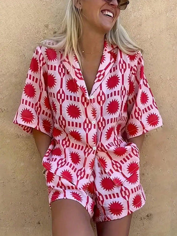 Ladies' Printed Shirt Collar Single Breasted Holiday Outfit, 2pcs Shirt And Shorts Set, Summer Ladies' Printed Shirt Collar Single Breasted Holiday Outfit, 2pcs Shirt And Shorts Set, Summer