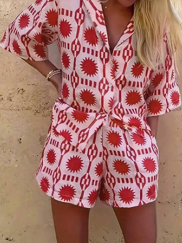 Ladies' Printed Shirt Collar Single Breasted Holiday Outfit, 2pcs Shirt And Shorts Set, Summer Ladies' Printed Shirt Collar Single Breasted Holiday Outfit, 2pcs Shirt And Shorts Set, Summer