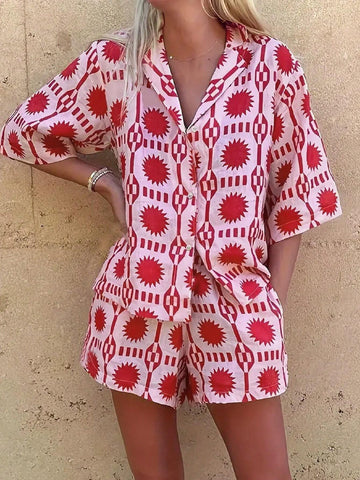 Ladies' Printed Shirt Collar Single Breasted Holiday Outfit, 2pcs Shirt And Shorts Set, Summer Ladies' Printed Shirt Collar Single Breasted Holiday Outfit, 2pcs Shirt And Shorts Set, Summer