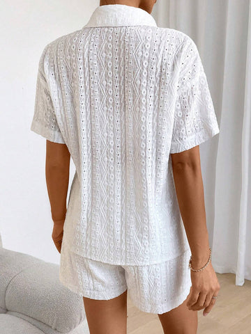 Ladies' Solid Color Drop Shoulder Short Sleeve Shirt And Shorts Set Ladies' Solid Color Drop Shoulder Short Sleeve Shirt And Shorts Set