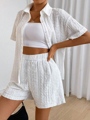 Ladies' Solid Color Drop Shoulder Short Sleeve Shirt And Shorts Set Ladies' Solid Color Drop Shoulder Short Sleeve Shirt And Shorts Set