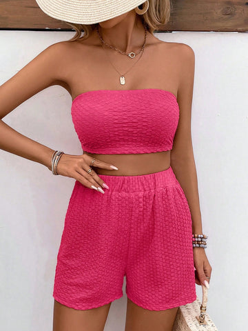 Ladies' Solid Color Strapless Top And Shorts Set Ladies' Solid Color Strapless Top And Shorts Set