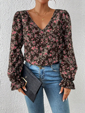 VCAY Ladies Vacation Floral Print Back Tie Long Sleeve Elegant Blouse VCAY Ladies Vacation Floral Print Back Tie Long Sleeve Elegant Blouse