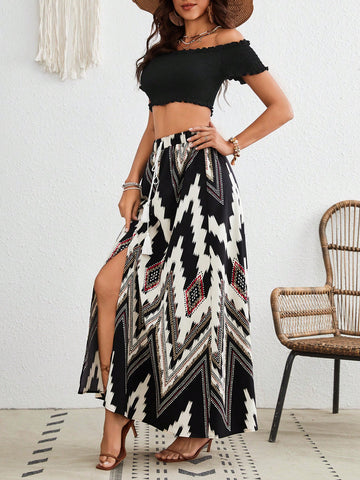 Off Shoulder Cropped Shirred Top And Front Slit Skirt, Vacation 2pcs Outfit Off Shoulder Cropped Shirred Top And Front Slit Skirt, Vacation 2pcs Outfit