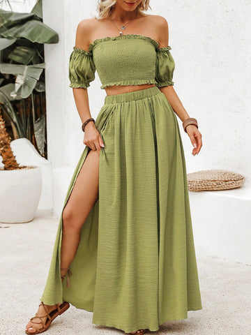 Off Shoulder Cropped Shirred Top And High Slit Skirt, Vacation 2-Piece Set Off Shoulder Cropped Shirred Top And High Slit Skirt, Vacation 2-Piece Set
