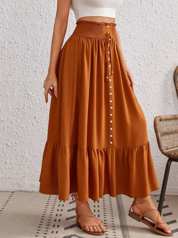 VCAY Paperbag Waist Ruffle Hem Knot Front Button Front Skirt VCAY Paperbag Waist Ruffle Hem Knot Front Button Front Skirt