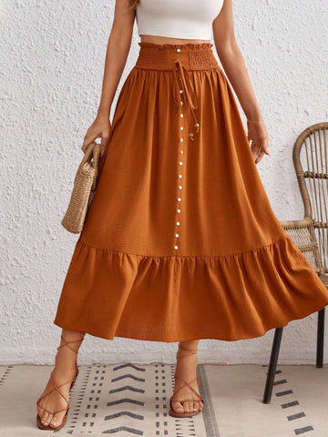 VCAY Paperbag Waist Ruffle Hem Knot Front Button Front Skirt VCAY Paperbag Waist Ruffle Hem Knot Front Button Front Skirt