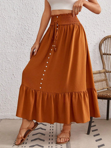 VCAY Paperbag Waist Ruffle Hem Knot Front Button Front Skirt VCAY Paperbag Waist Ruffle Hem Knot Front Button Front Skirt