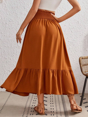 VCAY Paperbag Waist Ruffle Hem Knot Front Button Front Skirt VCAY Paperbag Waist Ruffle Hem Knot Front Button Front Skirt