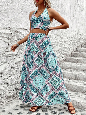 Patchwork Print Tie Back Halter Top And Skirt Set Patchwork Print Tie Back Halter Top And Skirt Set
