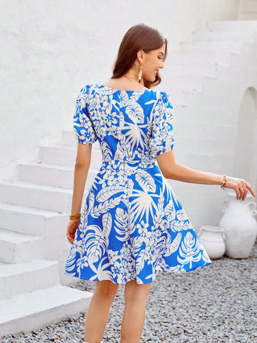 Plant Printed Short Sleeve Dress Plant Printed Short Sleeve Dress