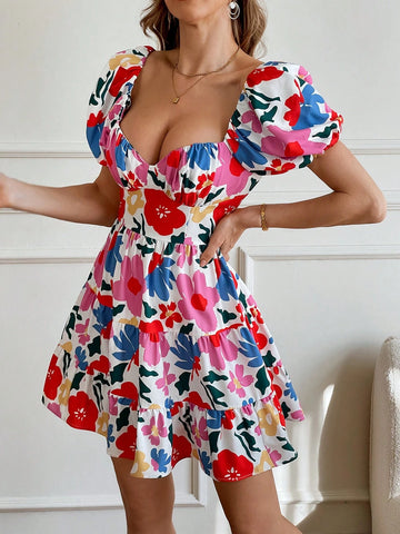 Printed Puff Sleeve Backless Mini Dress, Casual Simple Fashion For Everyday Wear Printed Puff Sleeve Backless Mini Dress, Casual Simple Fashion For Everyday Wear