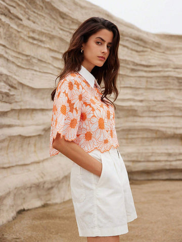 VCAY Random Elegant Daisy Embroidery Hollow Out Shirt VCAY Random Elegant Daisy Embroidery Hollow Out Shirt