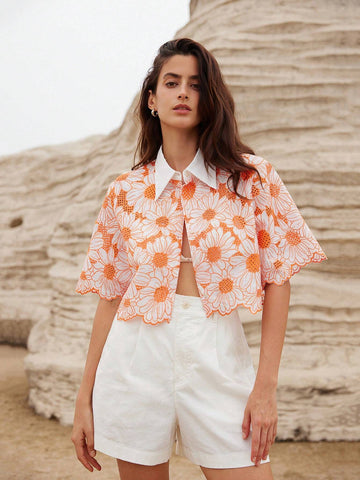 VCAY Random Elegant Daisy Embroidery Hollow Out Shirt VCAY Random Elegant Daisy Embroidery Hollow Out Shirt