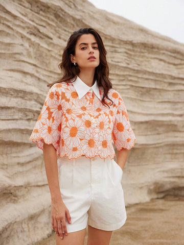 VCAY Random Elegant Daisy Embroidery Hollow Out Shirt VCAY Random Elegant Daisy Embroidery Hollow Out Shirt