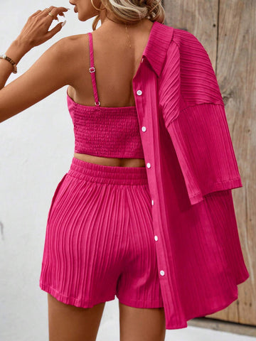 Solid Color Textured Drop Shoulder Blouse & Cami Top With Shorts Set Solid Color Textured Drop Shoulder Blouse & Cami Top With Shorts Set