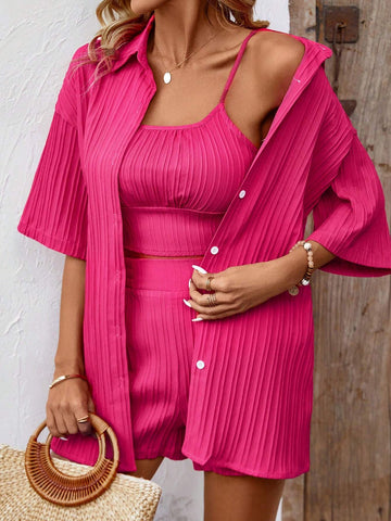 Solid Color Textured Drop Shoulder Blouse & Cami Top With Shorts Set Solid Color Textured Drop Shoulder Blouse & Cami Top With Shorts Set