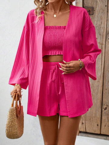 Solid Color Textured Drop Shoulder Blouse & Shorts Set Solid Color Textured Drop Shoulder Blouse & Shorts Set
