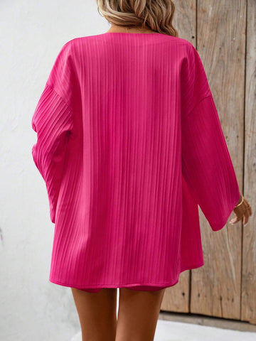 Solid Color Textured Drop Shoulder Blouse & Shorts Set Solid Color Textured Drop Shoulder Blouse & Shorts Set